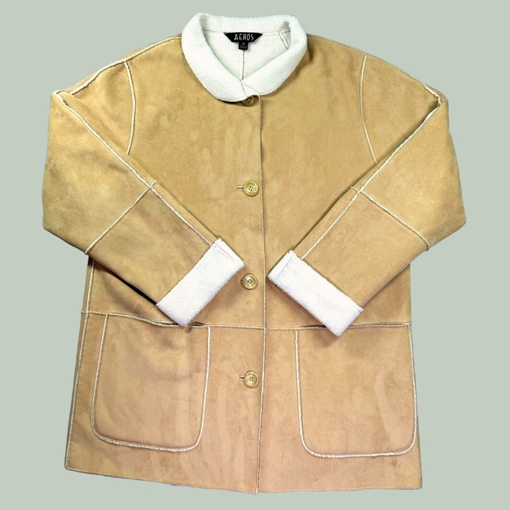 Vintage Aeros Jacket Womens Medium Faux Suede Sherpa Lined Coat Beige Western